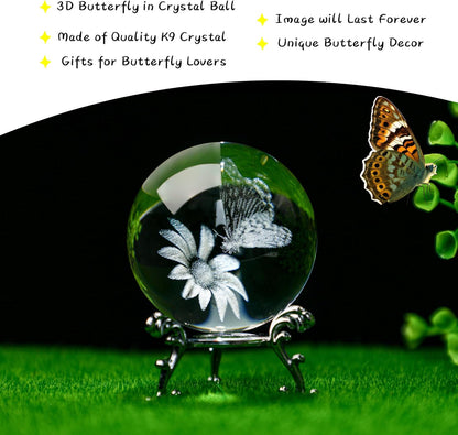 60Mm Butterfly Crystal Ball Paperweight,3D Laser Engraved Butterfly on Sunflower in Glass Ball with Stand Decorative Butterfly Glass Sphere Home Decor Gifts for Women Girls