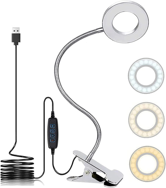 USB LED Desk Lamp Clip on Reading Light, 3 Light Mode 10 Dimmable Brightness Eye Caring Book Light, Bedside Lamp with Flexible Neck, Adjustable Perfect for Studying、Working （Silver）