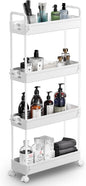 4-Tier Storage Trolley Cart Slide-Out Slim Rolling Utility Cart Mobile Storage Shelving Organizer for Kitchen, Bathroom, Laundry Room, Bedroom, Narrow Places, Plastic, White