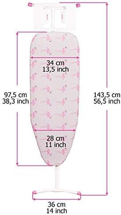 T-Leg Adjustable Height Ironing Board with Grey and Flamingo Cotton Cover + Extra Cover