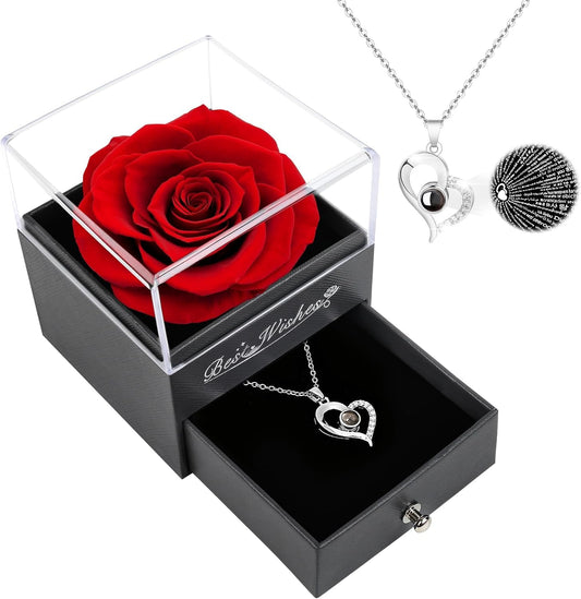 Valentines Day Rose Gifts for Her,Birthday Gifts for Women,Red Preserved Flowers Rose Gifts for Mum,Women Rose Gifts for Valentines Day,Real Rose Fresh Flower with Necklace for Wife,Mum,Anniversary