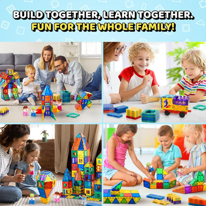 Magnetic Tiles - 100 Piece Set + 4 Play Figures + Storage Bag - Magnetic Building Blocks for Kids - Educational STEM Magnet Toys for 3, 4, 5, 6, 7 Year Old Boys & Girls - Magnetic Shapes