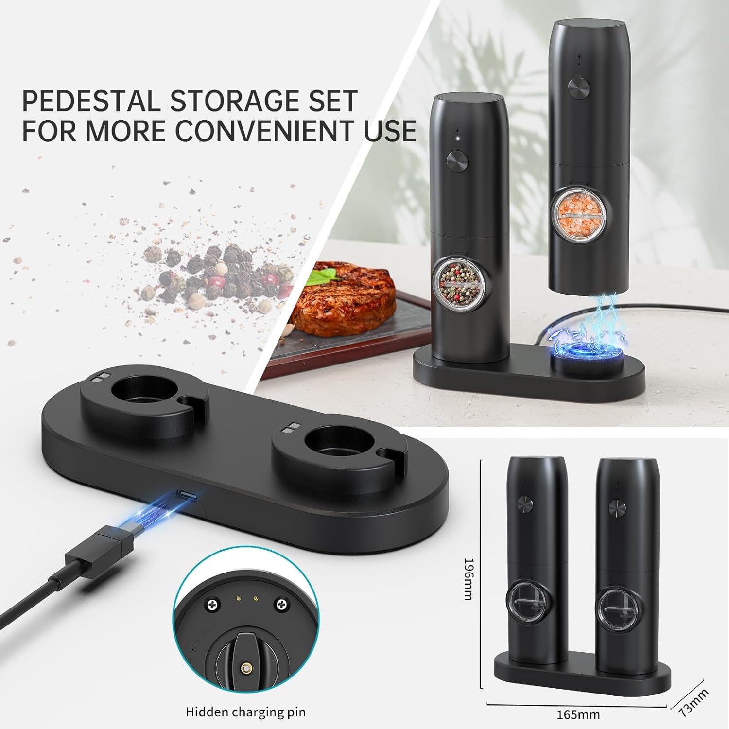 Electric Pepper Grinder Mills, USB Rechargeable Salt and Pepper Set with Charging Base, Ceramic Grind and Adjustable Coarseness, Automatic Grinder for Home, Kitchen