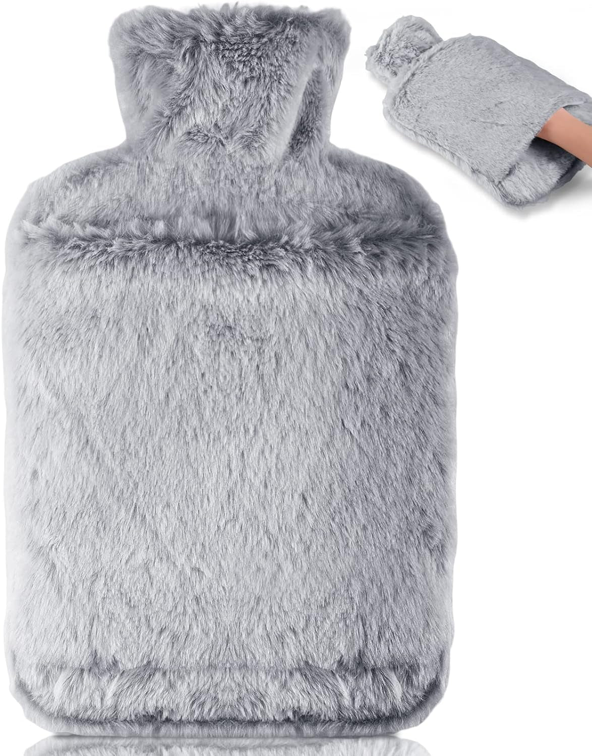 Hot Water Bottle with Luxury Cosy Faux Fur Cover,2L Leakproof Large Hot Water Bag for Neck,Shoulder,Hand Feet Warmer,Ideal for Women,Men(Grey)