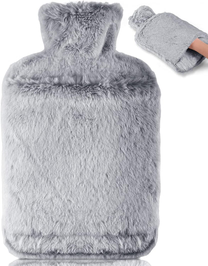 Hot Water Bottle with Luxury Cosy Faux Fur Cover,2L Leakproof Large Hot Water Bag for Neck,Shoulder,Hand Feet Warmer,Ideal for Women,Men(Grey)
