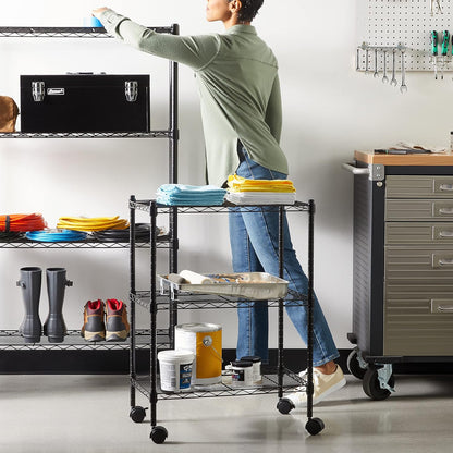 3-Shelf Narrow Storage Unit on Wheels with Height Adjustable Shelves and Levelling Feet, 340 Kg Max Weight, Black, 34 Cm D X 58.9 Cm W X 83.2 Cm H