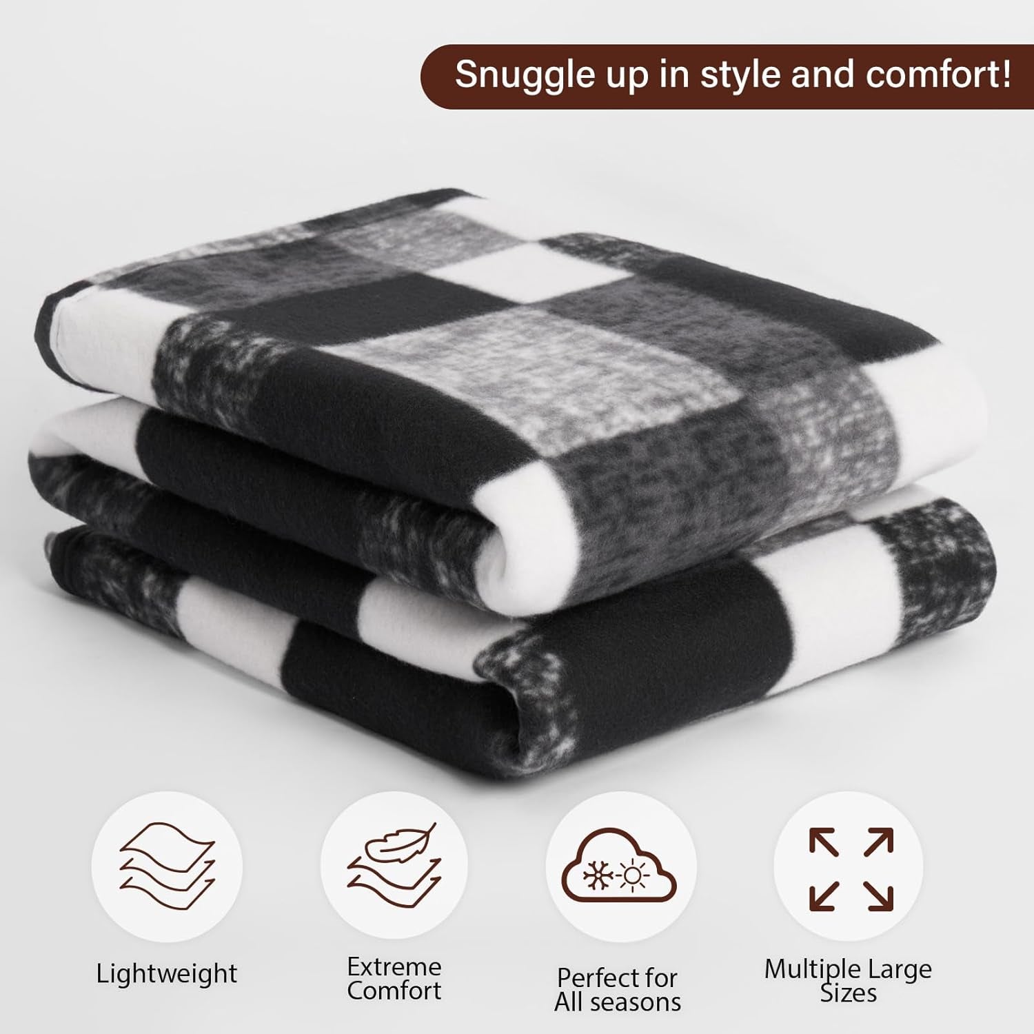 Winter Check Fleece Blanket Super Soft Warm Cosy Sofa Bed Picnic Garden Throw Over, Plaid Tartan Black - 120 X 150Cm