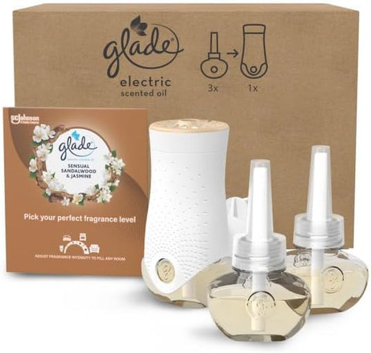 Plug in Air Freshener Holder and Refill, Electric Scented Oil Room Air Freshener, Sandalwood & Jasmine, 1 Holder and 3 Refills (3 X 20Ml)