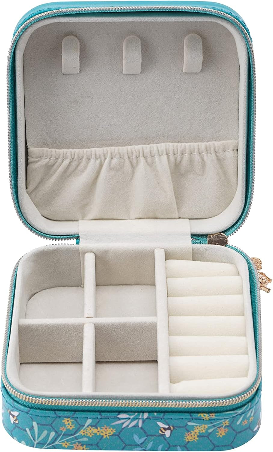 Square Travel Jewellery Box Case | Bee Design | Teal | Ladies Accessory | Organiser | Gift for Her | the Beekeeper GB06969