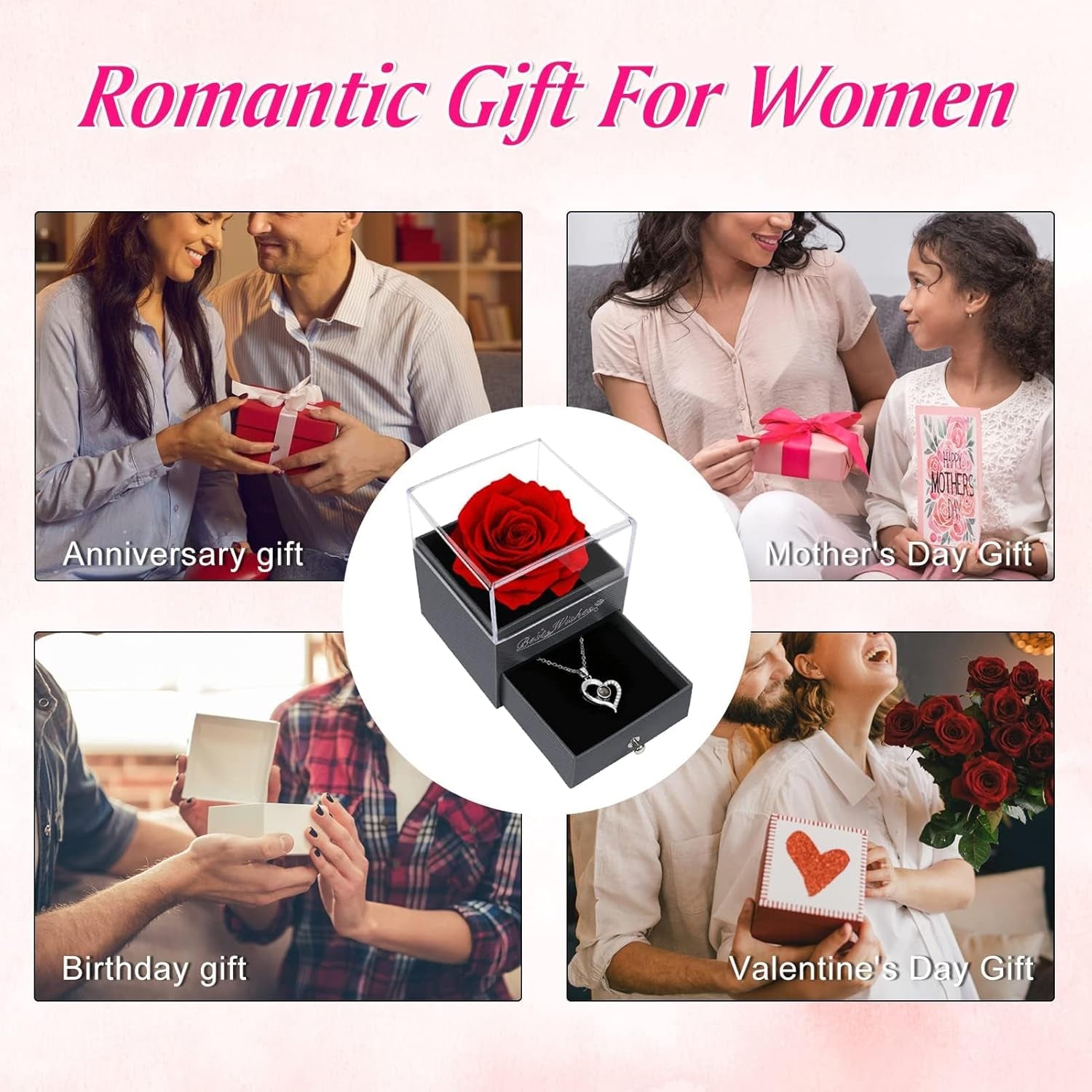Valentines Day Rose Gifts for Her,Birthday Gifts for Women,Red Preserved Flowers Rose Gifts for Mum,Women Rose Gifts for Valentines Day,Real Rose Fresh Flower with Necklace for Wife,Mum,Anniversary
