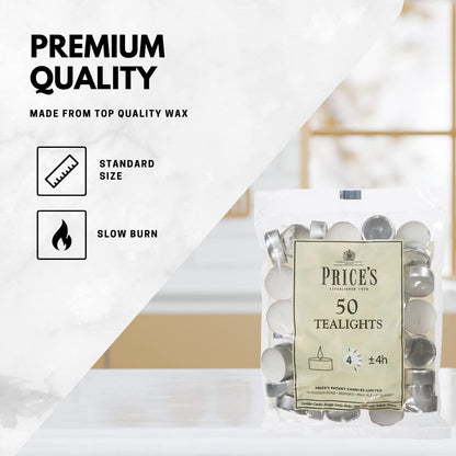 Prices Patent Candles White Tealights Bag, Pack of 50, Wax, L X 3.8Cm W X 1.8Cm H, Unscented