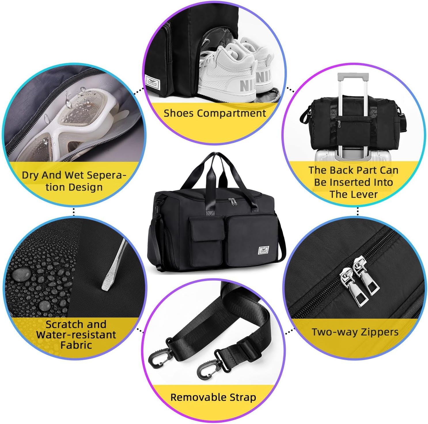Womens Mens Sports Gym Bag Duffle Bag with Shoes Compartment, Weekend Travel Bag Overnight Bag for Women, Water Resistant Holdall Hospital Bag for Swimming Black