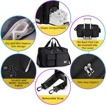 Womens Mens Sports Gym Bag Duffle Bag with Shoes Compartment, Weekend Travel Bag Overnight Bag for Women, Water Resistant Holdall Hospital Bag for Swimming Black