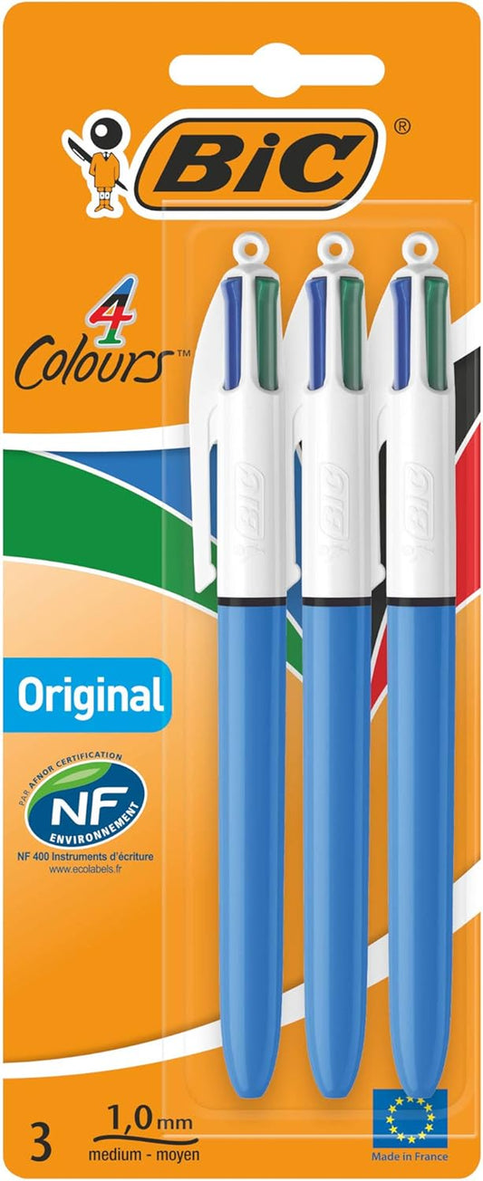 4 Colours Original Pens, Multi Coloured Pens All in One, Biro Pens, Medium 1.0Mm, Green, Blue, Red, Black, 3 Pens per Pack, 1 Pack