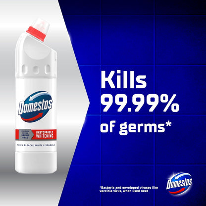 White & Sparkle Thick Bleach Disinfectant That Eliminates 99.99% of Bacteria and Viruses* Unstoppable Whitening Power 750 Ml