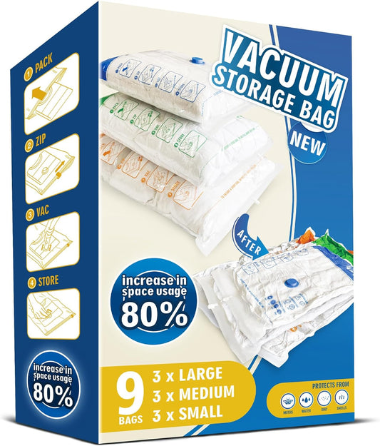 Space Saver Bags for Travel and Home Reusable Vacuum Storage Bags save 80% More Storage Space Work with Vacuum Cleaner (9 Combo, No Pump Included)