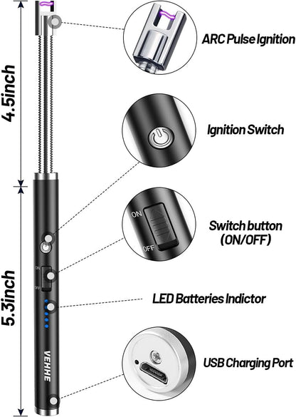 Candle Lighter, Electric Lighter Rechargeable USB Lighter with 360° Long Flexible Neck, Arc Windproof Lighter with LED Battery Display, for BBQ Camping Light Candles Gas Stoves