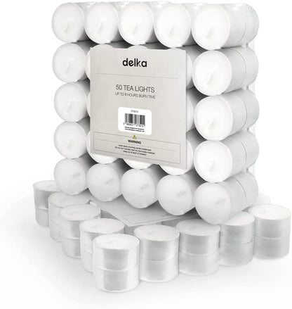 Unscented Tea Lights White - 50 Pack - Long-Lasting 8 Hour Burn Time - Smoke-Free Bright Flame - Ideal for Weddings, Events, Aromatherapy, Home Décor, and Emergency Use - Premium Quality
