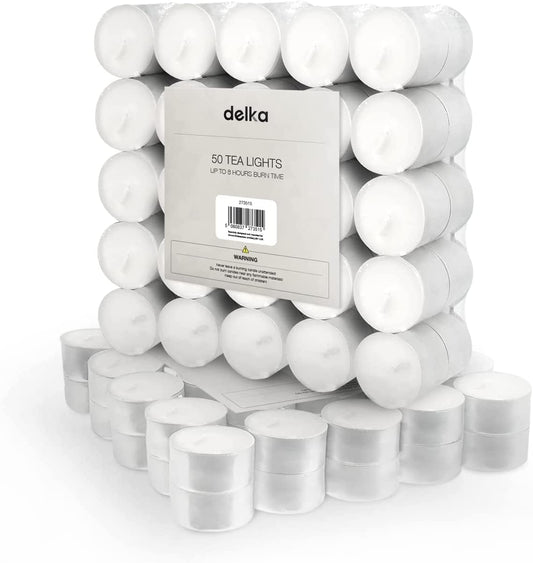 Unscented Tea Lights White - 50 Pack - Long-Lasting 8 Hour Burn Time - Smoke-Free Bright Flame - Ideal for Weddings, Events, Aromatherapy, Home Décor, and Emergency Use - Premium Quality