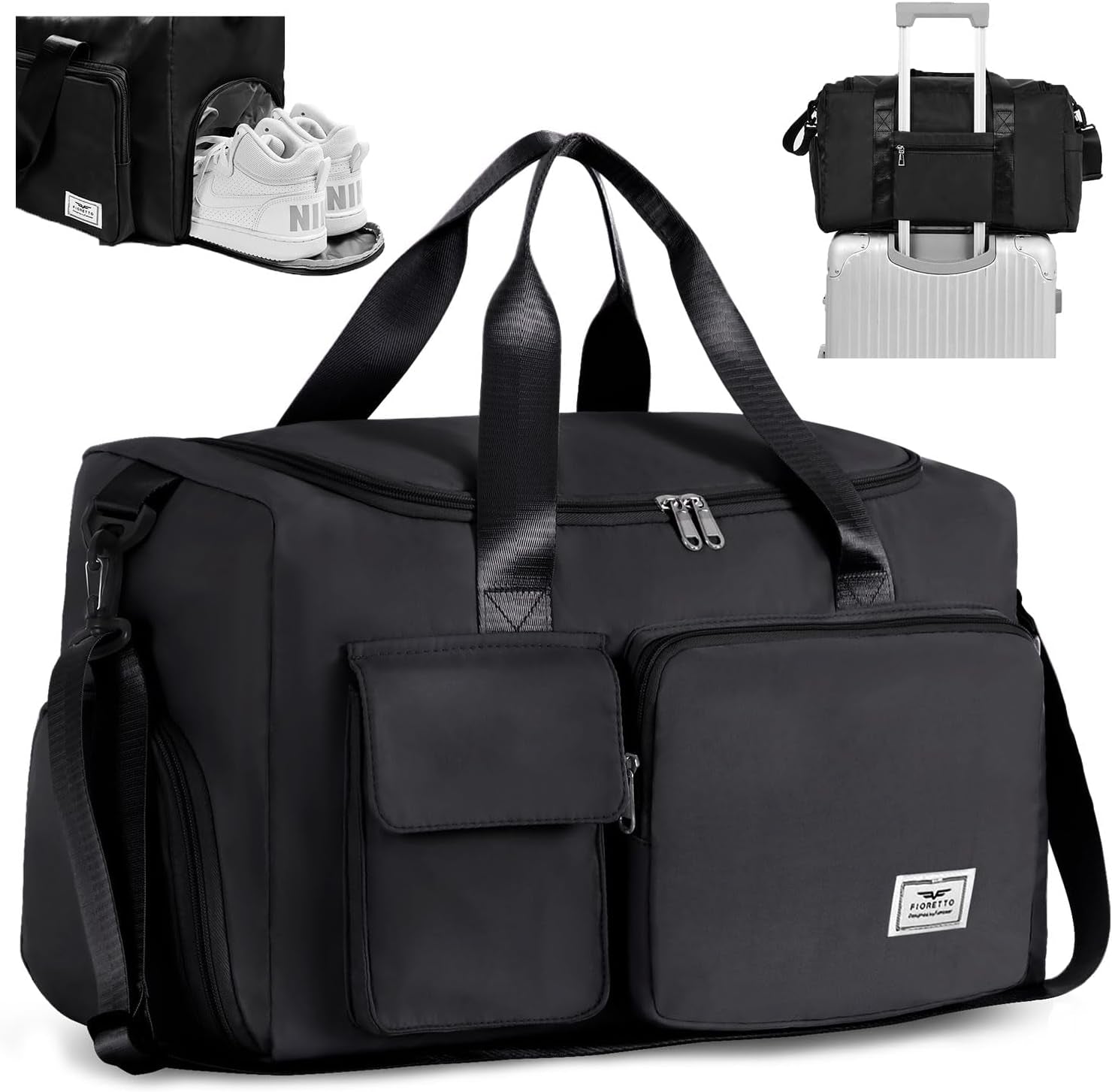 Womens Mens Sports Gym Bag Duffle Bag with Shoes Compartment, Weekend Travel Bag Overnight Bag for Women, Water Resistant Holdall Hospital Bag for Swimming Black