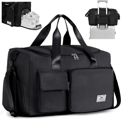 Womens Mens Sports Gym Bag Duffle Bag with Shoes Compartment, Weekend Travel Bag Overnight Bag for Women, Water Resistant Holdall Hospital Bag for Swimming Black