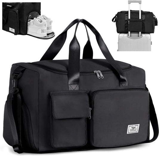 Womens Mens Sports Gym Bag Duffle Bag with Shoes Compartment, Weekend Travel Bag Overnight Bag for Women, Water Resistant Holdall Hospital Bag for Swimming Black