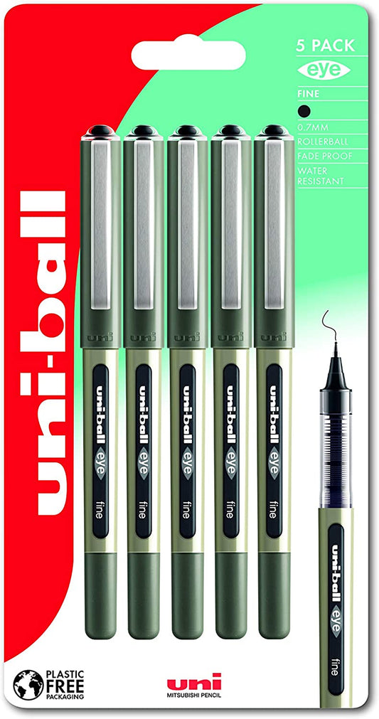 UB-157 Eye Rollerball Pens. Premium Fine 0.7Mm Ballpoint Tip for Super Smooth Handwriting, Drawing, Art, Crafts and Colouring. Fade and Water Resistant Liquid Uni Super Ink. Pack of 5 Blue