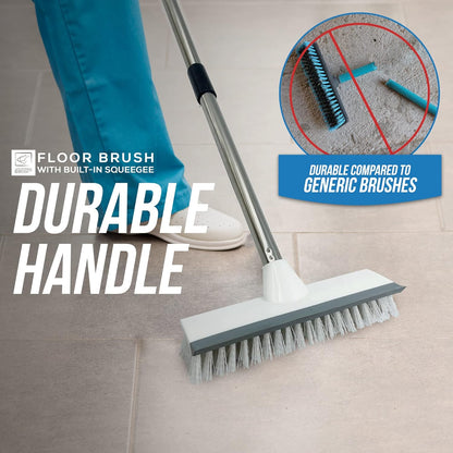 Floor Squeegee Broom Scrubbing Brush with Stiff Brush Bristles and 4PC Broom Handle for Home and Commercial Use - Bathroom Cleaning Brush, Floor Brush Indoor for Tile or Wood Surfaces