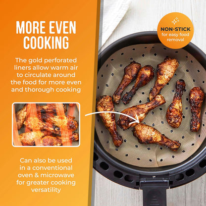 TLINER1 4 Pack of round Air Fryer Liners, Suitable for Air Fryers between 2 Litre and 4 Litre, Non-Stick, Reusable, Gold & Black
