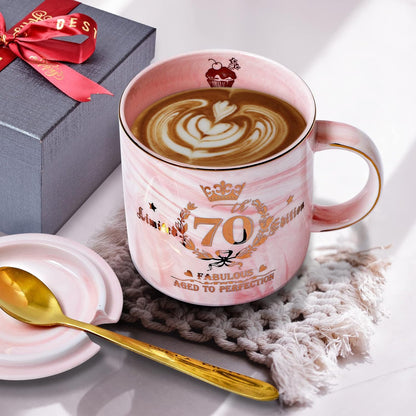70Th Birthday Gifts for Women - 14Oz Pink Aged to Perfection Seventy Birthday Mug Printed with Gold - Happy Birthday Keepsakes Presents for 70 Years Old Grandma Mum Nanny, with Gift Box Lid Card Spoon