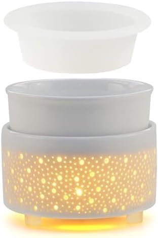 Wax Melt Burner with Silicone Dish Ceramic 3-In-1 Oil Burner Electric Candle Wax Warmer Melter Fragrance Heating Plate for Scented Waxs Home Office Bedroom Aromatherapy Gift& Décor-White