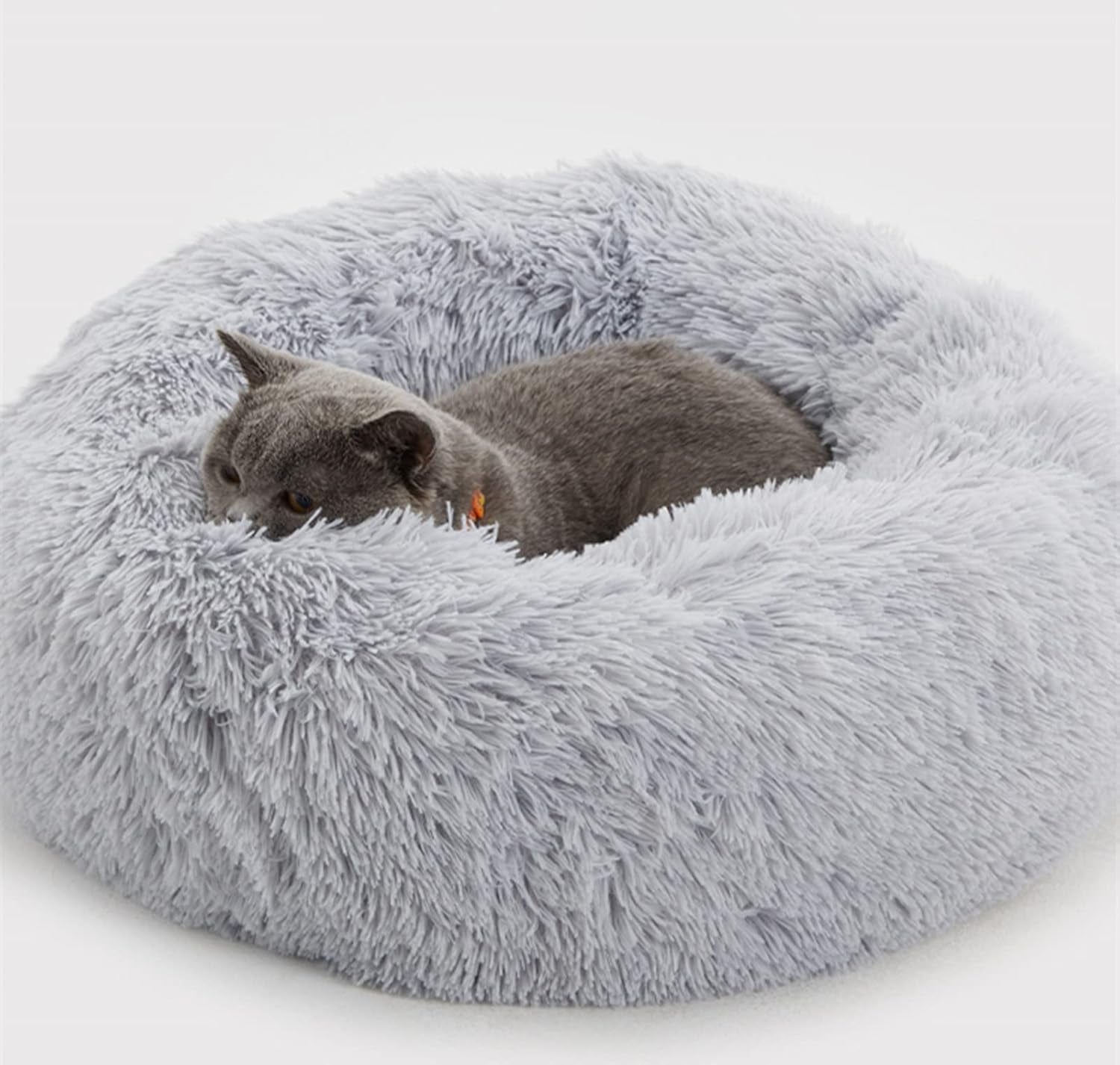 Plush Donut Dog Bed, Calming round Dog Cat Bed Soft and Fluffy Cuddler Pet Cushion Self-Warming Puppy Beds Machine Washable, Grey 50Cm