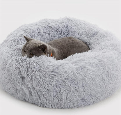 Plush Donut Dog Bed, Calming round Dog Cat Bed Soft and Fluffy Cuddler Pet Cushion Self-Warming Puppy Beds Machine Washable, Grey 50Cm