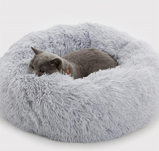 Plush Donut Dog Bed, Calming round Dog Cat Bed Soft and Fluffy Cuddler Pet Cushion Self-Warming Puppy Beds Machine Washable, Grey 50Cm
