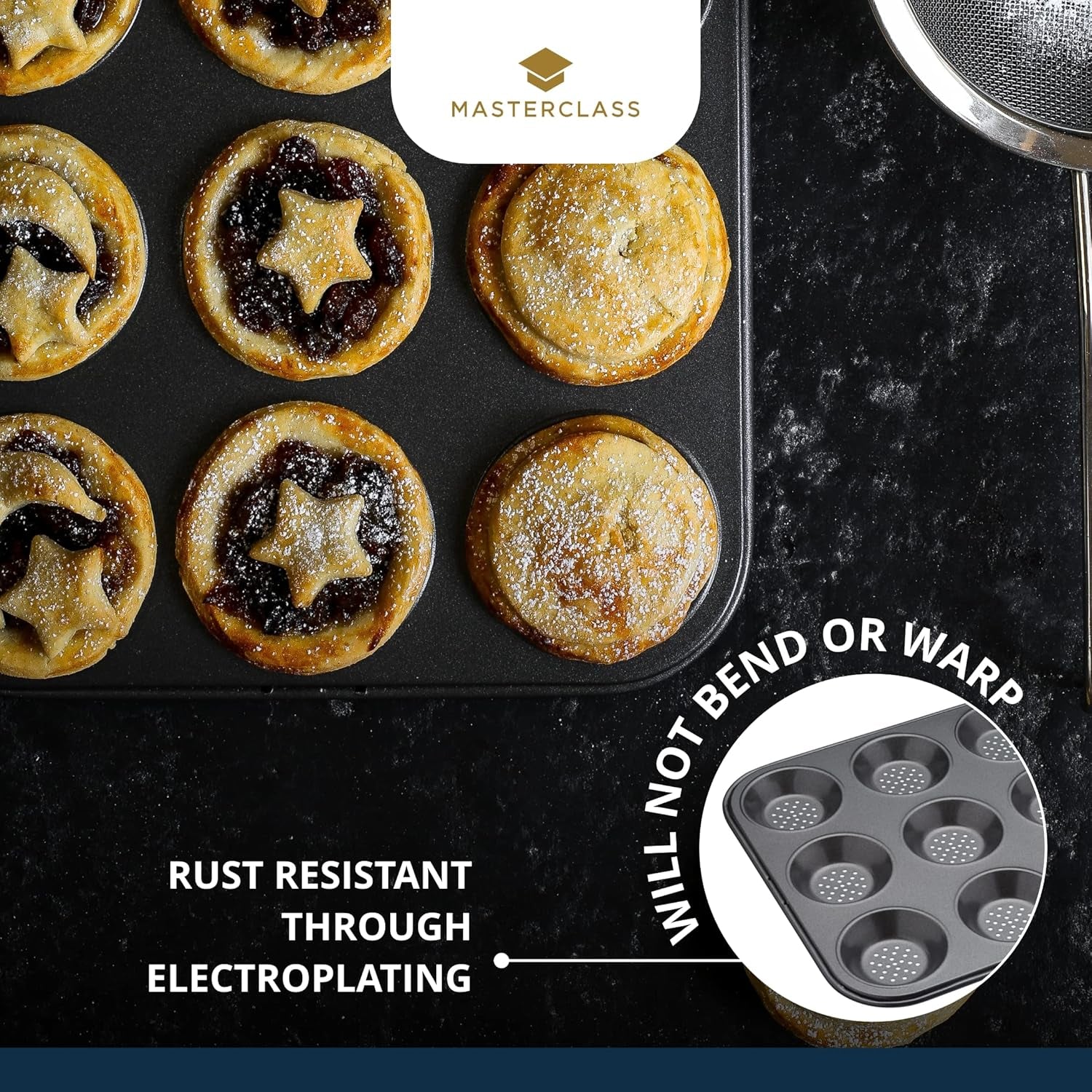 Crusty Bake Perforated Mince Pie Baking Tray with PTFE, PFOA and BPA Free Non Stick, Robust 1Mm Thick Carbon Steel, 32 X 24Cm 12 Hole Tart Tin, Grey