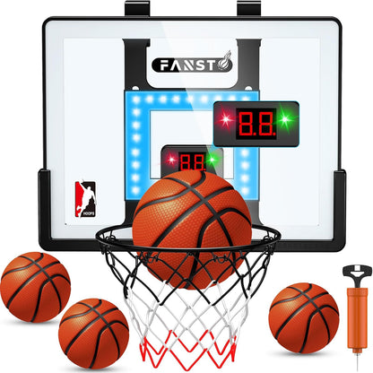 Indoor Basketball Hoop for Kids, over the Door Basketball Hoop with LED Cheering, Anti-Impact, 2 Game Mode& Mute Mode, Mini Door Room Basketball Toy Gift with 4 Ball for 5 6 7 8 9 10 11 12 Old Boys
