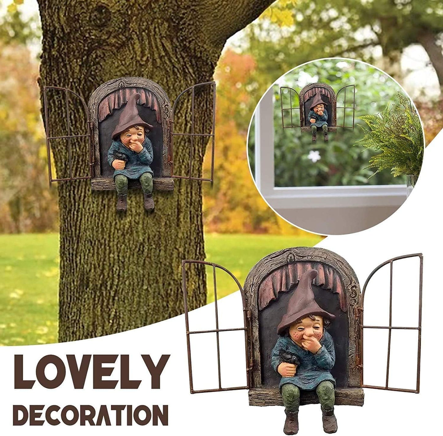 Mini Resin Garden Gnome, Elf Out the Door Tree Hugger, Funny Tree Sculpture Garden Decoration Patio Yard Lawn Porch Ornaments Decoration for Garden and Desk (A)