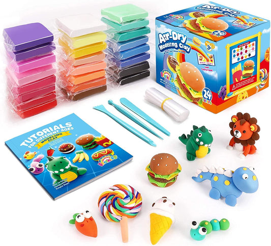 Air Dry Clay,24 Colors Modelling Clay with 3 Tools & Project Booklet,Diy Creative Ultra Soft Light Magic Clay,Arts and Crafts Kits for Kids Boys Girls Toys