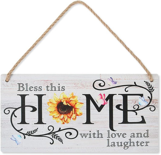 New Home Gifts Sunflower Rustic Wooden New House Plaque Sign Bless This Home with Love and Laughter Inspirational Saying Wooden Door Decor(11"X 6") Housewarming Gifts Living Room Decorations