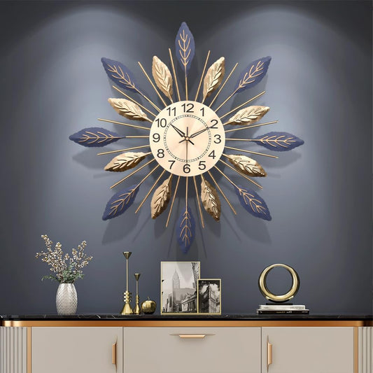 Large Wall Clocks for Living Room Modern,55Cm Decorative Kitchen Wall Clock Vintage Metal Big Wall Clock with Leaves Shaped Silent Non Ticking Wall Clock for Bedroom Office,Blue
