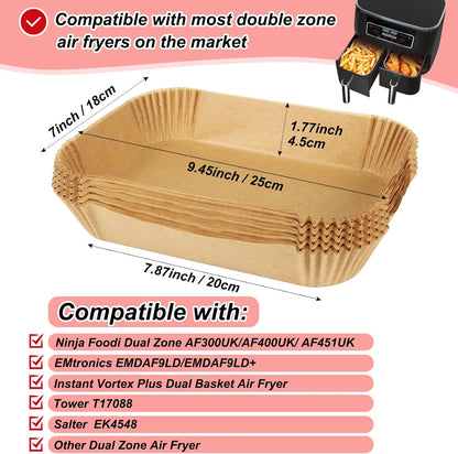 100Pcs Air Fryer Liners for Ninja Dual, Air Fryer AF300UK AF400UK Accessories, Disposable Airfryer Parchment Paper Liners, Compatible with Ninja, Salter, Tower and Other Dual Zone Fryers