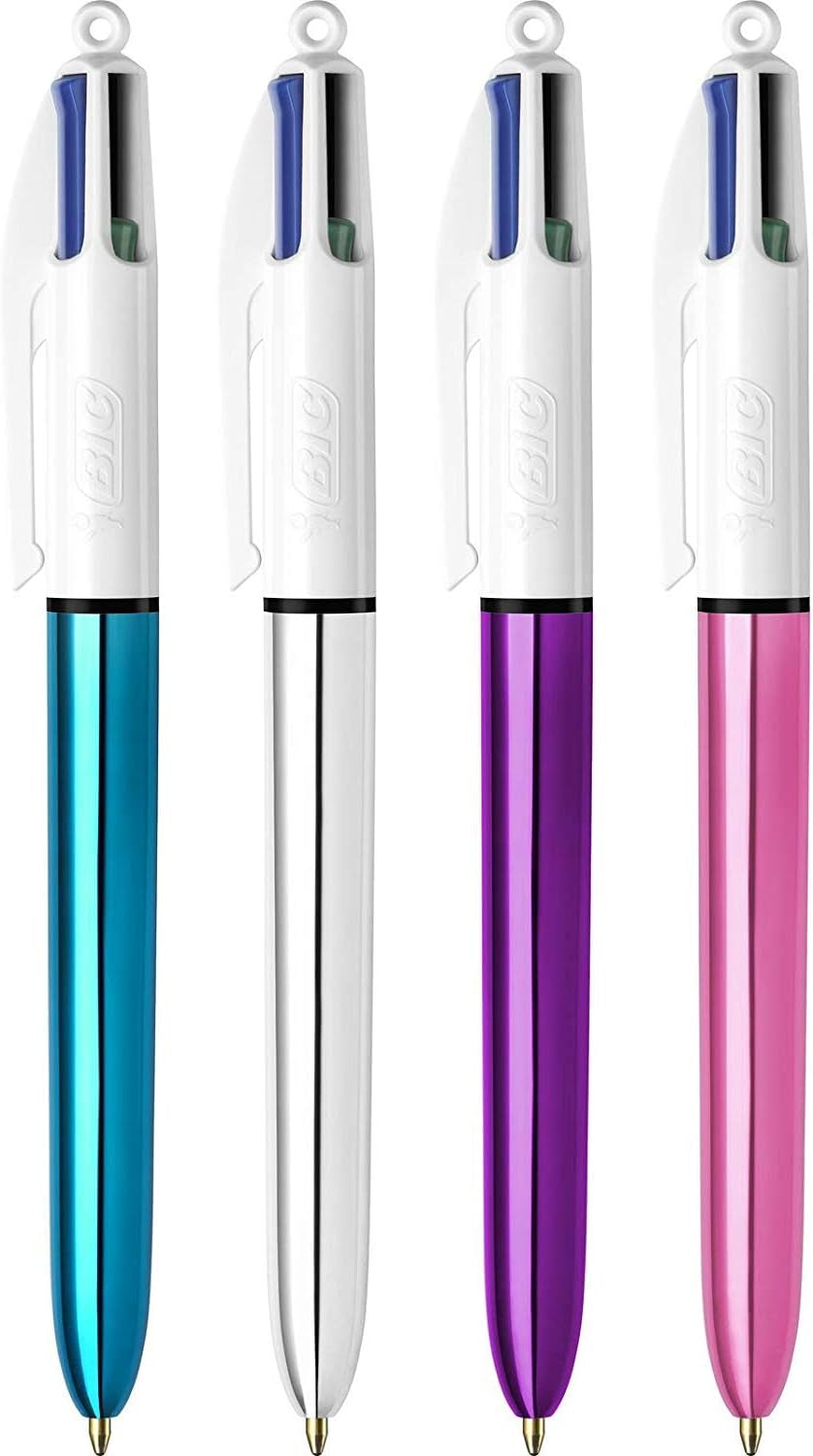 4 Colours Shine Pens, Multicoloured Pen, Retractable Ballpoint Pens, Biro Pens, Medium 1.0Mm, Green, Blue, Black, Red, 3 Pens per Pack, 1 Pack