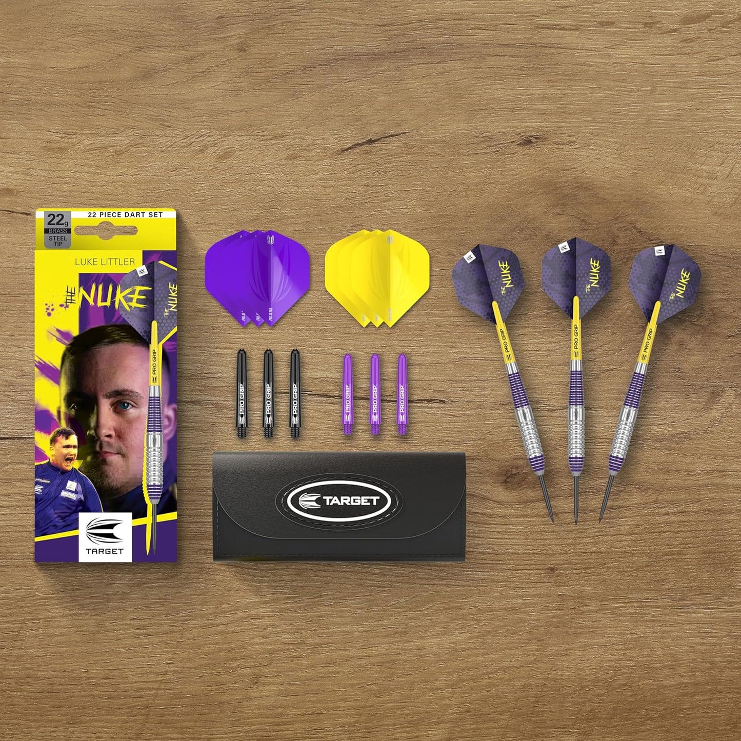 Darts Luke Littler Brass Steel Tip Darts Set – 22G Steel Tip Dart, the Nuke Player Edition Dart Set, Dart Accessories