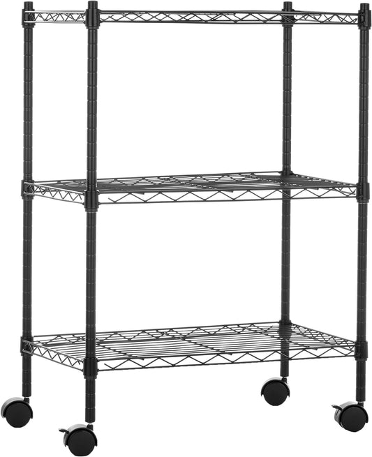 3-Shelf Narrow Storage Unit on Wheels with Height Adjustable Shelves and Levelling Feet, 340 Kg Max Weight, Black, 34 Cm D X 58.9 Cm W X 83.2 Cm H