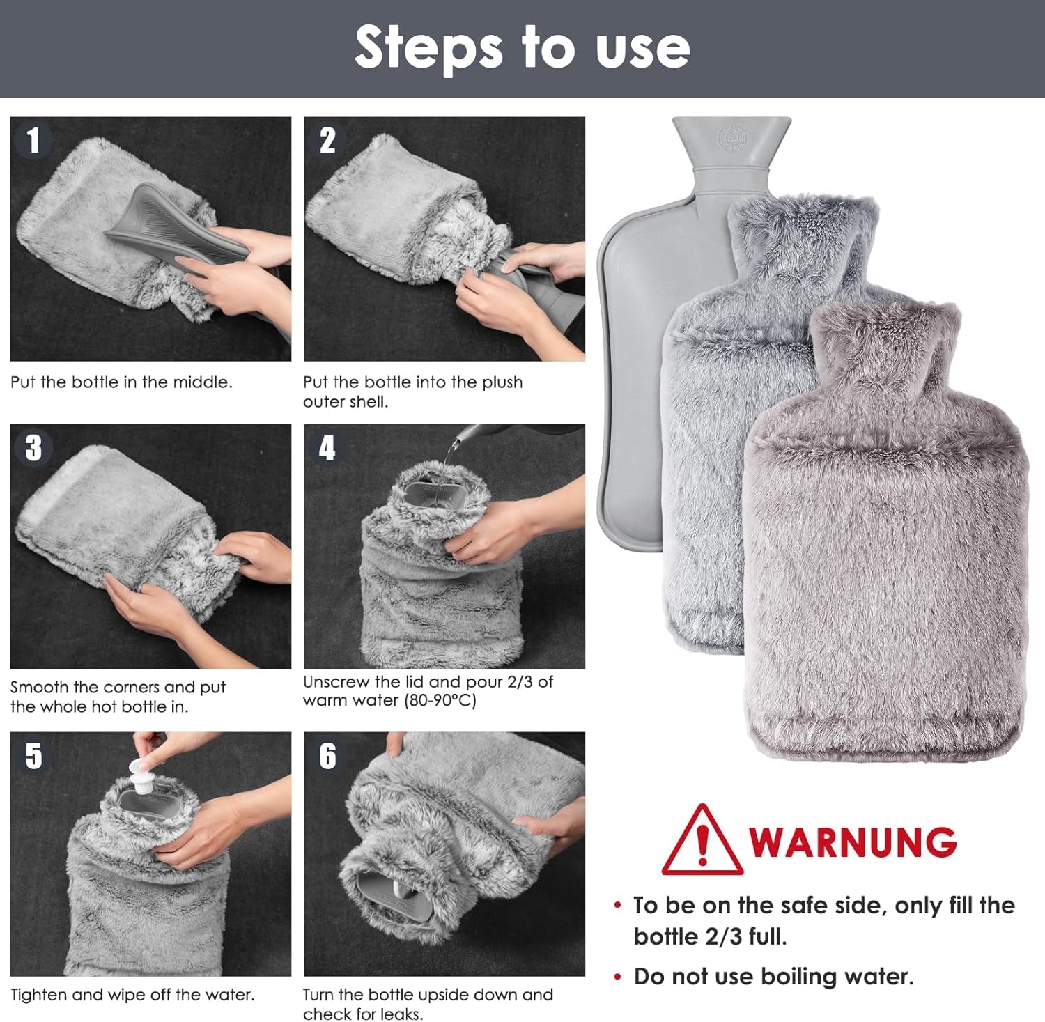 Hot Water Bottle with Luxury Cosy Faux Fur Cover,2L Leakproof Large Hot Water Bag for Neck,Shoulder,Hand Feet Warmer,Ideal for Women,Men(Grey)