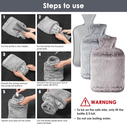 Hot Water Bottle with Luxury Cosy Faux Fur Cover,2L Leakproof Large Hot Water Bag for Neck,Shoulder,Hand Feet Warmer,Ideal for Women,Men(Grey)