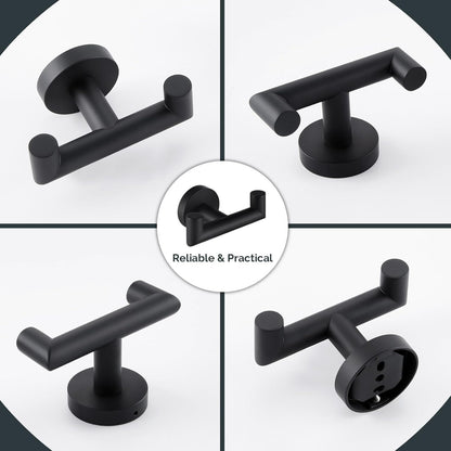 Double Door Hooks for Bathrooms, Matte Black Hooks for Kitchen Bathroom, SUS304 Stainless Steel Coat Hook, Heavy Duty Towels Holder for Hanging Towel, Coats,Sponges, Clothes, Wall Mount, 2 Packs