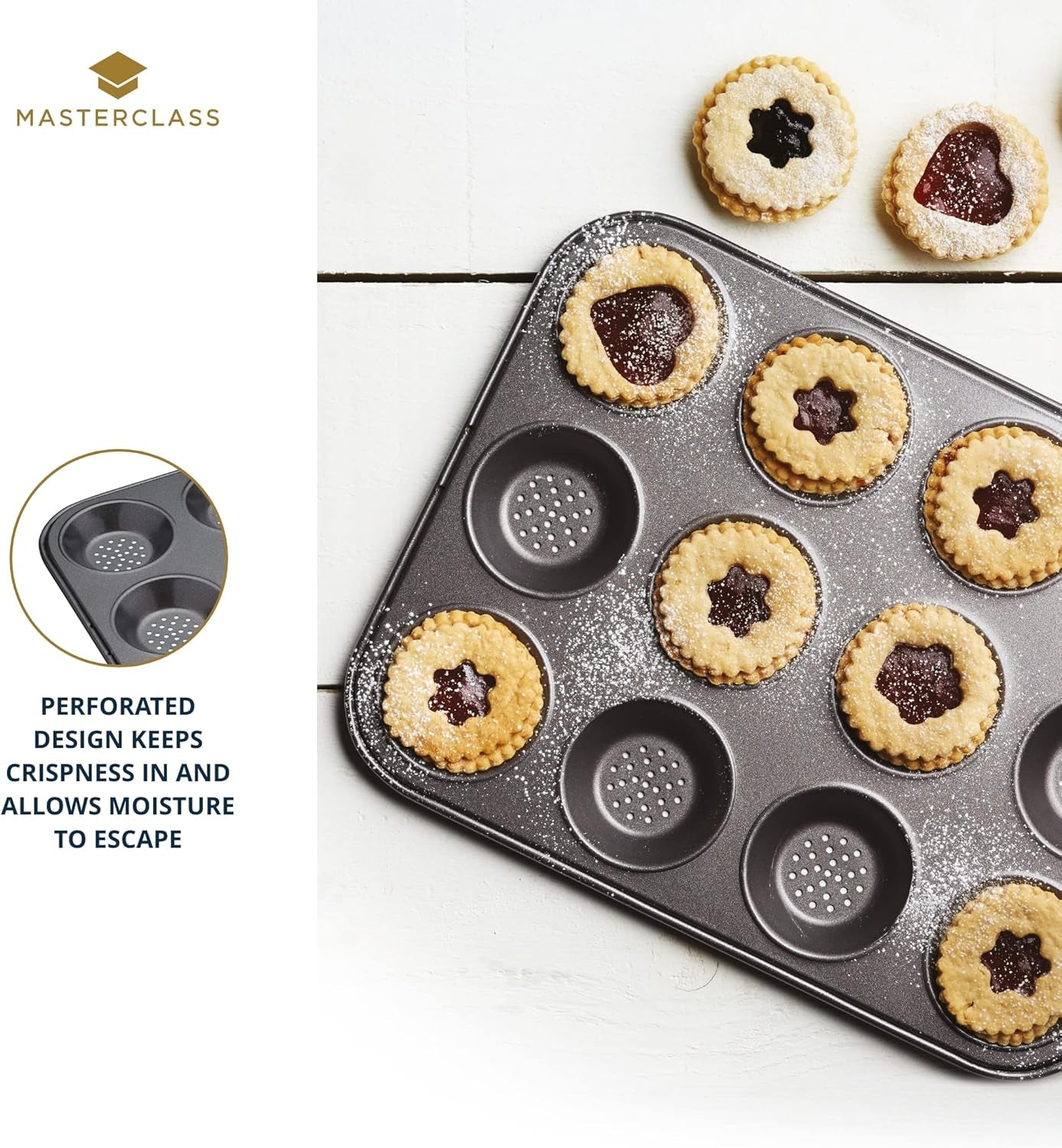 Crusty Bake Perforated Mince Pie Baking Tray with PTFE, PFOA and BPA Free Non Stick, Robust 1Mm Thick Carbon Steel, 32 X 24Cm 12 Hole Tart Tin, Grey