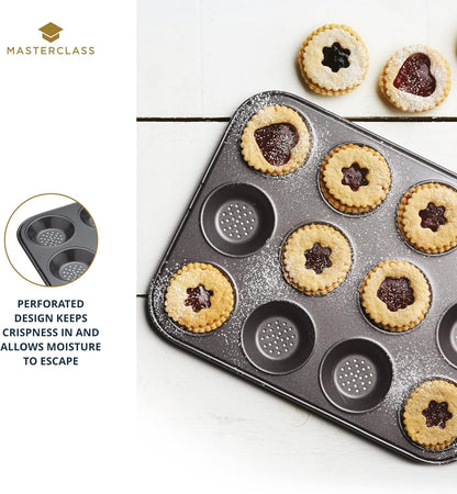 Crusty Bake Perforated Mince Pie Baking Tray with PTFE, PFOA and BPA Free Non Stick, Robust 1Mm Thick Carbon Steel, 32 X 24Cm 12 Hole Tart Tin, Grey