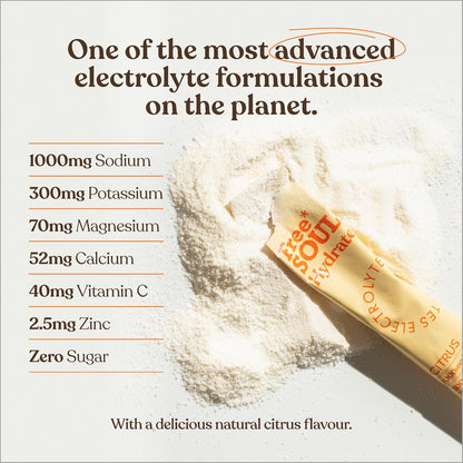 Hydrate | Electrolyte Sachets with Sodium, Magnesium, Vitamin C, & More | Zero Sugar, Advanced Powder for Enhanced Hydration & Recovery | Citrus Flavour | 30 Sachets